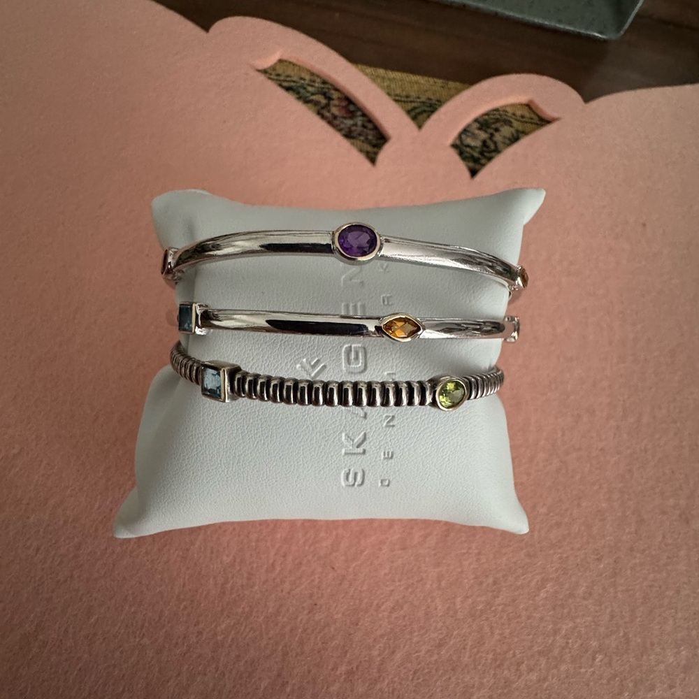Silver Bangle Bracelet Set with Purple, Yellow, and Green Gemstones  EC